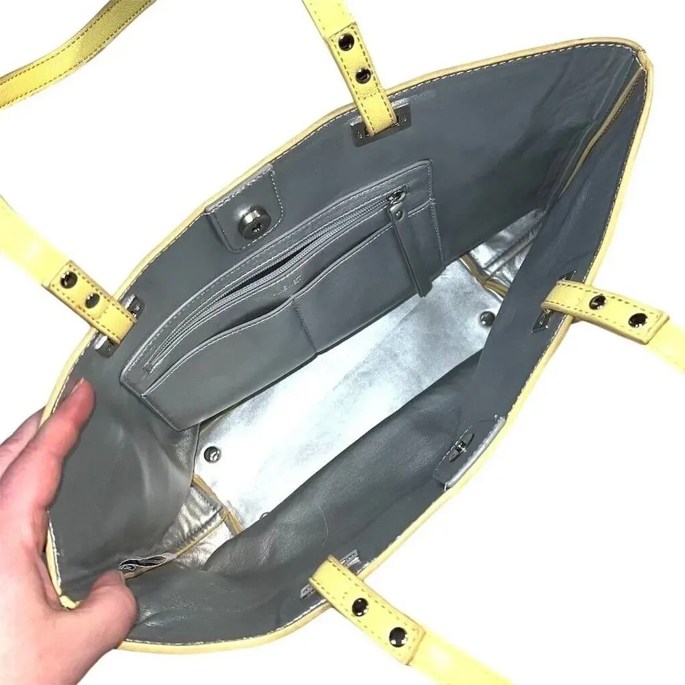 Nine West Ava Faux Leather Tote Bag Purse Floral Laser Cut Design Yellow Silver